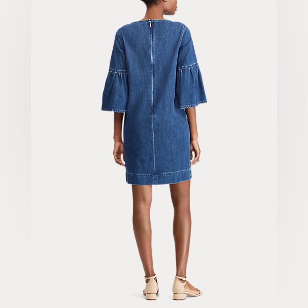 Ralph Lauren Women Denim Bell-Sleeve Shift Mini Dress Blue Size 6 Flounce - Picture 4 of 15